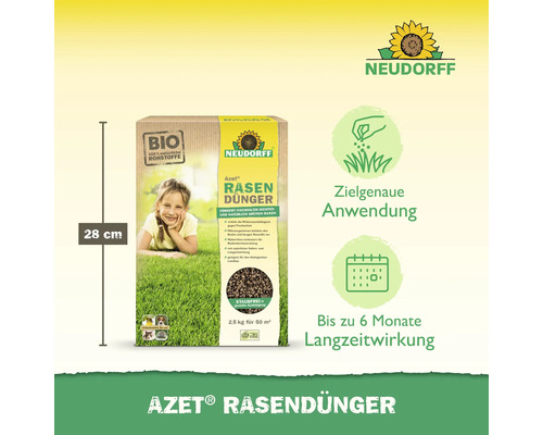 Neudorff Azet Rasendünger Packung mit Angaben zu Eigenschaften und Anwendung, Größe 28 cm