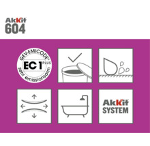 Akkit 604 Produktinformationen mit GEV Emicode EC 1 Plus Siegel, geeignet für feuchte Umgebungen und zeigt Dehnbarkeit
