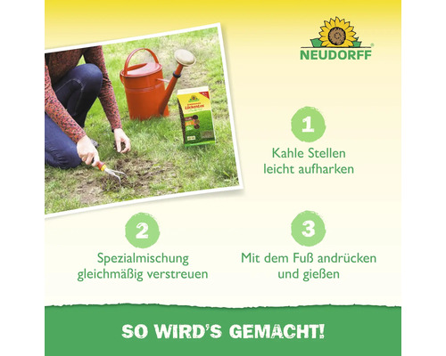 Anleitung zur Rasenreparatur mit Neudorff LückenLos: Vorbereitung des Bodens, Ausbringen der Spezialmischung, Andrücken und Bewässern.
