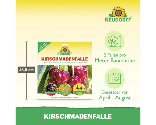 Neudorff Kirschmadenfalle zum Schutz von Kirschen und Walnüssen vor Madenbefall, Höhe 28,5 cm. Geeignet für den ökologischen Landbau. Zwei Fallen pro Meter Baumhöhe, einsetzbar von April bis August. Neudorff Logo.