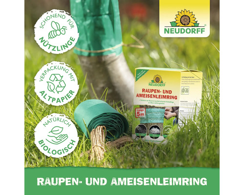 Neudorff Raupen- und Ameisenleimring mit Produktsiegeln und Anwendung auf Baumstamm