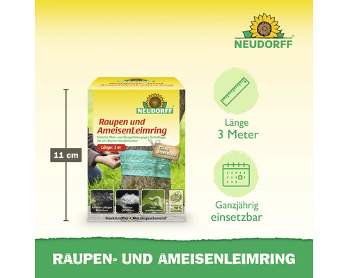 Neudorff Raupen und AmeisenLeimring zum Schutz von Obst- und Ziergehölzen, Länge 3 Meter. Verpackung aus über 90 Prozent Altpapier. Das Produkt ist in einer Höhe von 11 cm ganzjährig einsetzbar und enthält keine Insektizide. Neudorff Logo