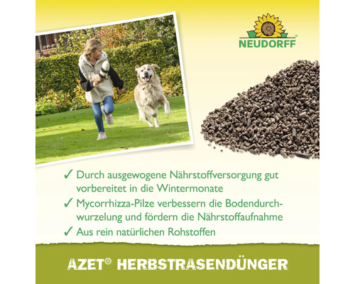 Neudorff Logo. Illustration eines Mädchens, das mit einem Hund auf dem Rasen spielt. Rasendünger Pellets.