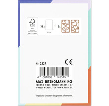 Emballage avec label FSC, indications de taille et marquage CE