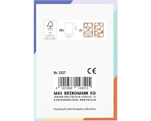 Verpackung mit FSC Siegel, Größenangaben und CE Kennzeichen