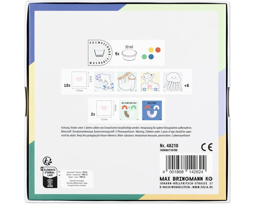 Verpackung mit auswaschbaren Malvorlagen, Farben und Behältern