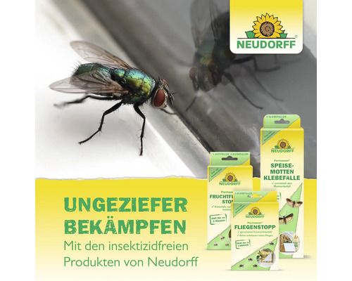 Neudorff Produkte zur Schädlingsbekämpfung mit einer Fliege im Vordergrund.