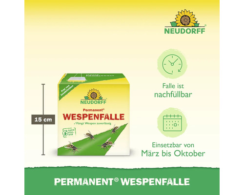 Neudorff Permanent Wespenfalle mit einer Höhe von 15 cm, nachfüllbar und einsetzbar von März bis Oktober.