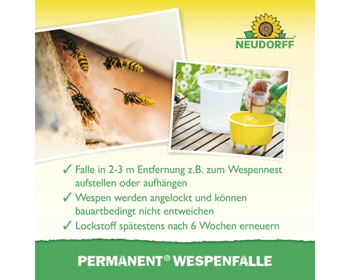 Neudorff Logo. Wespenfalle mit Wespen in der Nähe eines Nestes und Zubereitung der Falle.