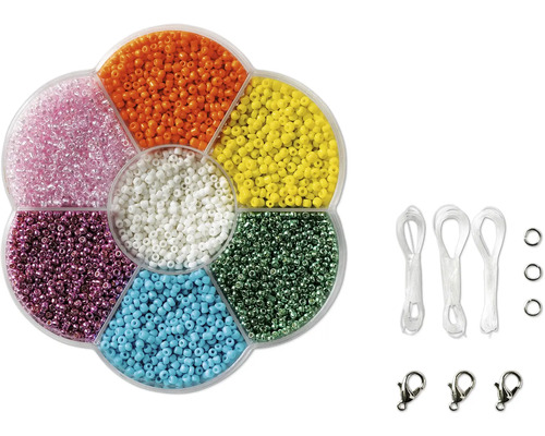 Kit de loisirs créatifs avec des rocailles de différentes couleurs, cordon élastique pour bijoux et fermoirs mousquetons