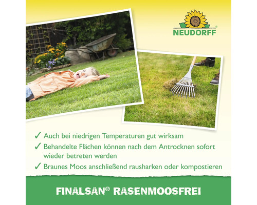 Finalsan Rasenmoosfrei Produktabbildung mit Kind auf Rasen und Rasenrechen im Einsatz sowie Neudorff Logo.