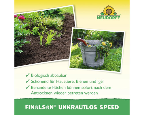 Finalsan Unkrautlos Speed Produktbild mit Garten und Eimer