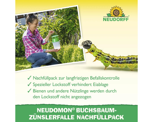 Neudorff Logo. Nachfüllpackung für Buchsbaumzünslerfalle mit Anwendungsbeispiel im Garten und Raupe.