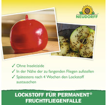 Neudorff Logo. Permanent Lockstoff für Fruchtfliegenfalle und Foto einer Fruchtfliegenfalle in Apfelform sowie einer angeschnittenen Apfelhälfte mit Fruchtfliegen.