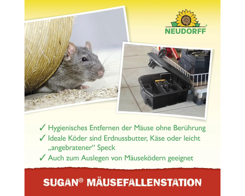 Sugan Mäusefallenstation mit Maus und Neudorff Logo