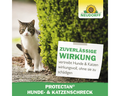 Neudorff Logo. Katze und Hinweisschild zu Protectan Hunde- und Katzenschreck.