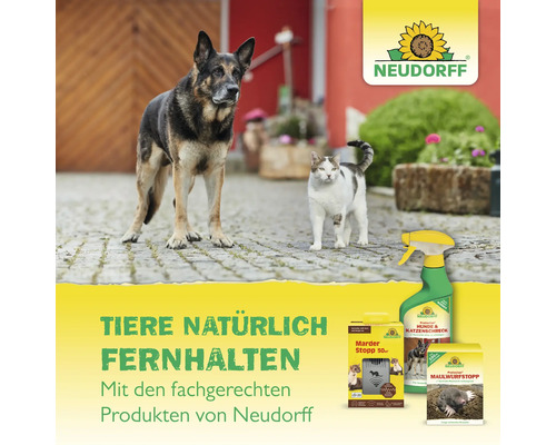 Neudorff Produkte zur Tierabwehr mit Hund und Katze im Hintergrund.