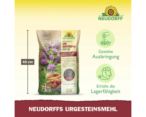 Neudorffs Urgesteinsmehl Sack mit Inhaltsangaben und Abbildung von Pflanzen und Früchten, Größe 45 cm