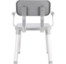 Vue arrière d''une chaise de douche avec accoudoirs et pieds réglables en hauteur.