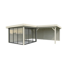 Abri de jardin avec façade en verre et annexe ouverte
