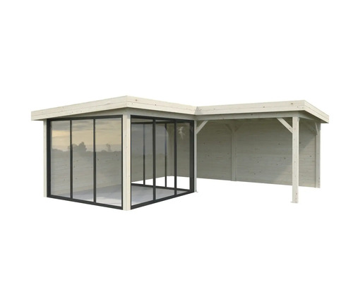 Gartenhaus mit Glasfront und offenem Anbau