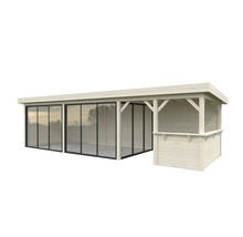 Pool house en bois avec portes coulissantes et bar