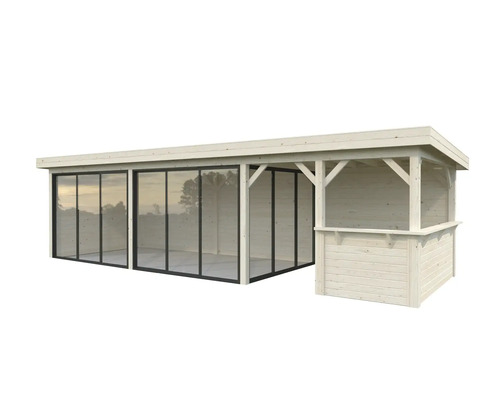 Pool house en bois avec portes coulissantes et bar