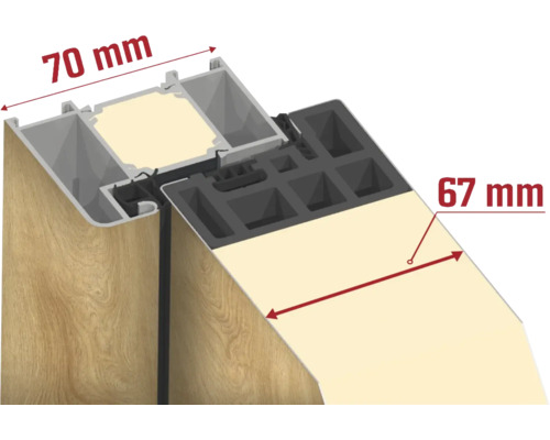 Coupe transversale d''un cadre de porte avec des dimensions de 70 mm et 67 mm
