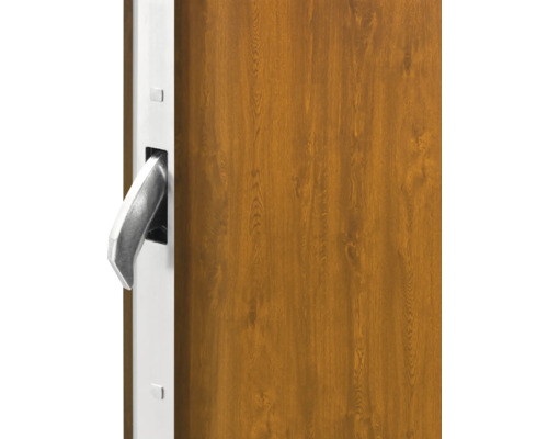 Detailansicht einer Haustür mit Holzmuster und Griff