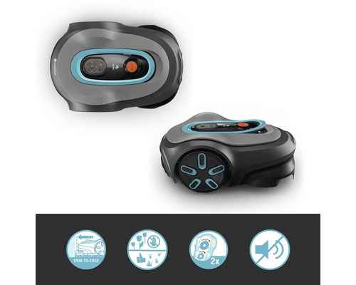 Gardena Mähroboter von oben und seitlich mit Symbolen für Kantenschnitt, Blumenerkennung, Doppelmesser und geringe Lautstärke
