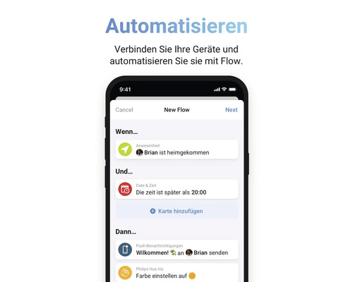 Écran de smartphone avec options d''automatisation de flux pour la connexion des appareils