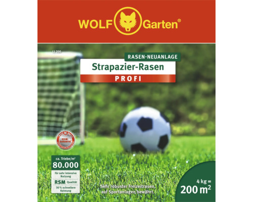 Emballage Wolf Garten Strapazierrasen Profi avec ballon de foot et filet de but en arrière-plan