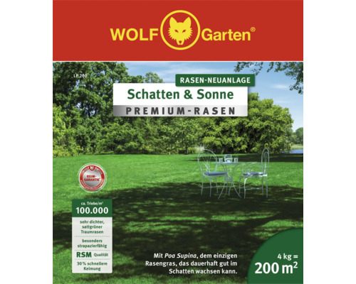 Wolf Garten graines de gazon ombre et soleil pour la création de pelouse, 4 kilogrammes pour 200 mètres carrés