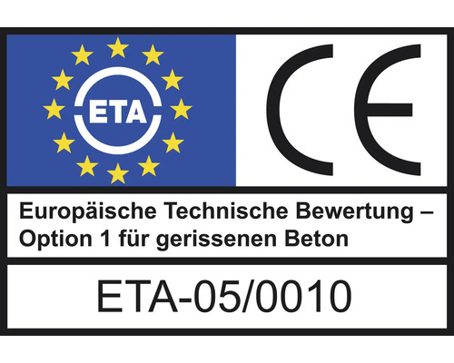 Europäische Technische Bewertung ETA-05/0010 für gerissenen Beton mit CE-Kennzeichnung