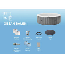 Contenu de la livraison d''un spa gonflable avec cartouches filtrantes, base de cartouche filtrante, tuyau de gonflage, couvercle supérieur, adaptateur de soupape de vidange, manchon de cartouche et kit de réparation