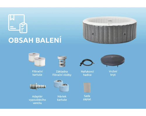 Contenu de la livraison d''un spa gonflable avec cartouches filtrantes, base de cartouche filtrante, tuyau de gonflage, couvercle supérieur, adaptateur de soupape de vidange, manchon de cartouche et kit de réparation