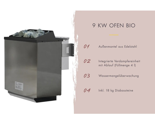 Poêle de sauna Bio 9 kilowatts avec pierres de diabase