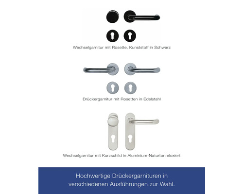 Türdrücker-Garnituren in verschiedenen Ausführungen: Kunststoff, Edelstahl und Aluminium