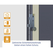 Türschloss mit Sicherheitssymbolen für Sicherheit, Dreifachverriegelung, Notfunktion und Widerstandsklasse 2