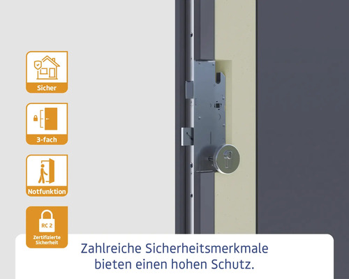 Türschloss mit Sicherheitssymbolen für Sicherheit, Dreifachverriegelung, Notfunktion und Widerstandsklasse 2