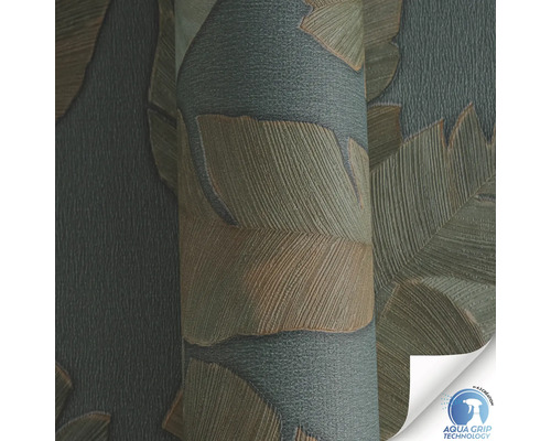 Tapetenrolle mit Blättermuster und Aqua Grip Technology Siegel.