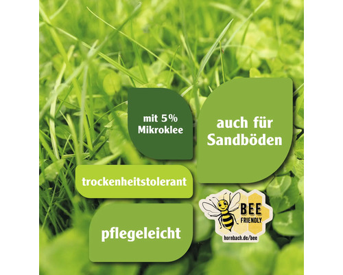 Hinweise zum Rasen: mit 5 % Mikroklee, auch für Sandböden geeignet, trockenheitstolerant, pflegeleicht, Bienenfreundlich Siegel