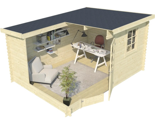 Maison de jardin en bois aménagée avec bureau, chaise, bibliothèque et fauteuil