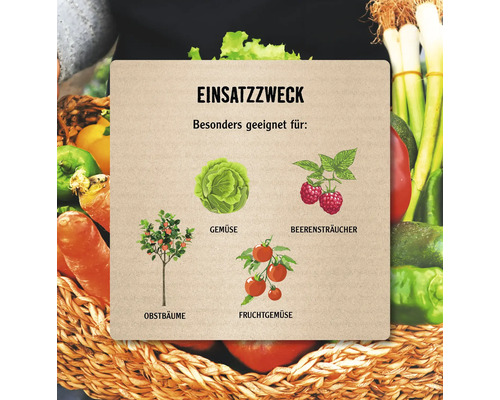 Illustration des Einsatzzwecks mit Gemüse, Beerensträuchern, Obstbäumen und Fruchtgemüse