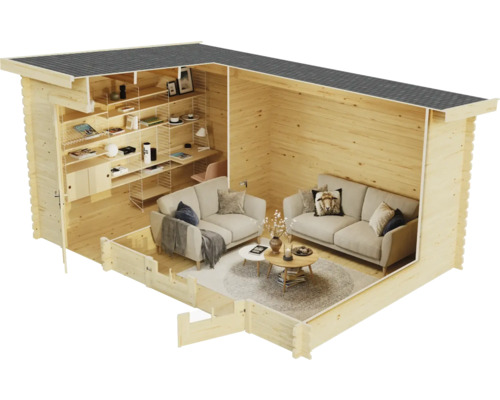 Vue en coupe d''une maison de jardin en bois avec deux canapés, des étagères et un bureau