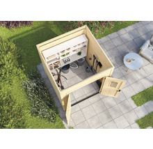 Abri de jardin avec étagères pour ranger les outils et accessoires de jardin.