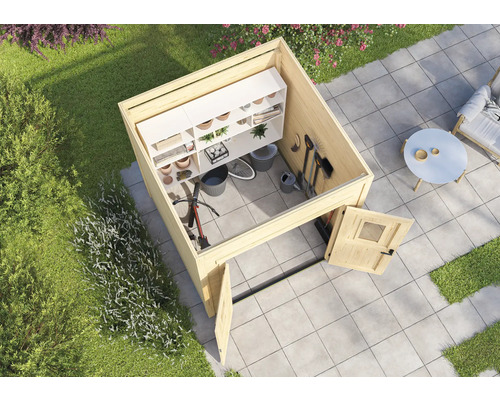 Abri de jardin avec étagères pour ranger les outils et accessoires de jardin.