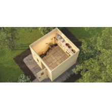 Vue de dessus d''un abri de jardin en bois avec un vélo et des outils de jardinage