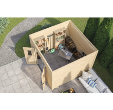 Abbildung eines Gartenhauses mit Regalen und Gartengeräten