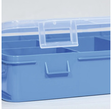 Boîte d''assortiment bleue en plastique avec compartiments.
